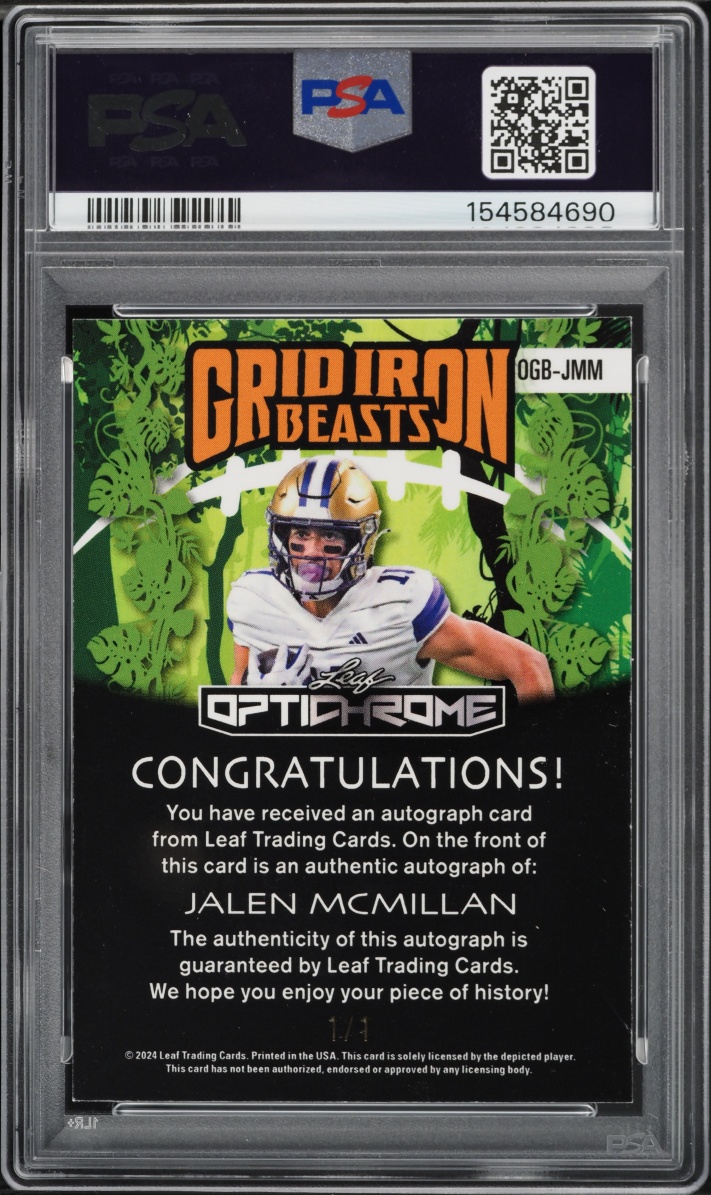 2024 Leaf Eclectic Optichrome Gridiron Beasts Super Gold Jalen McMillan ROOKIE AUTO 1/1 PSA 9