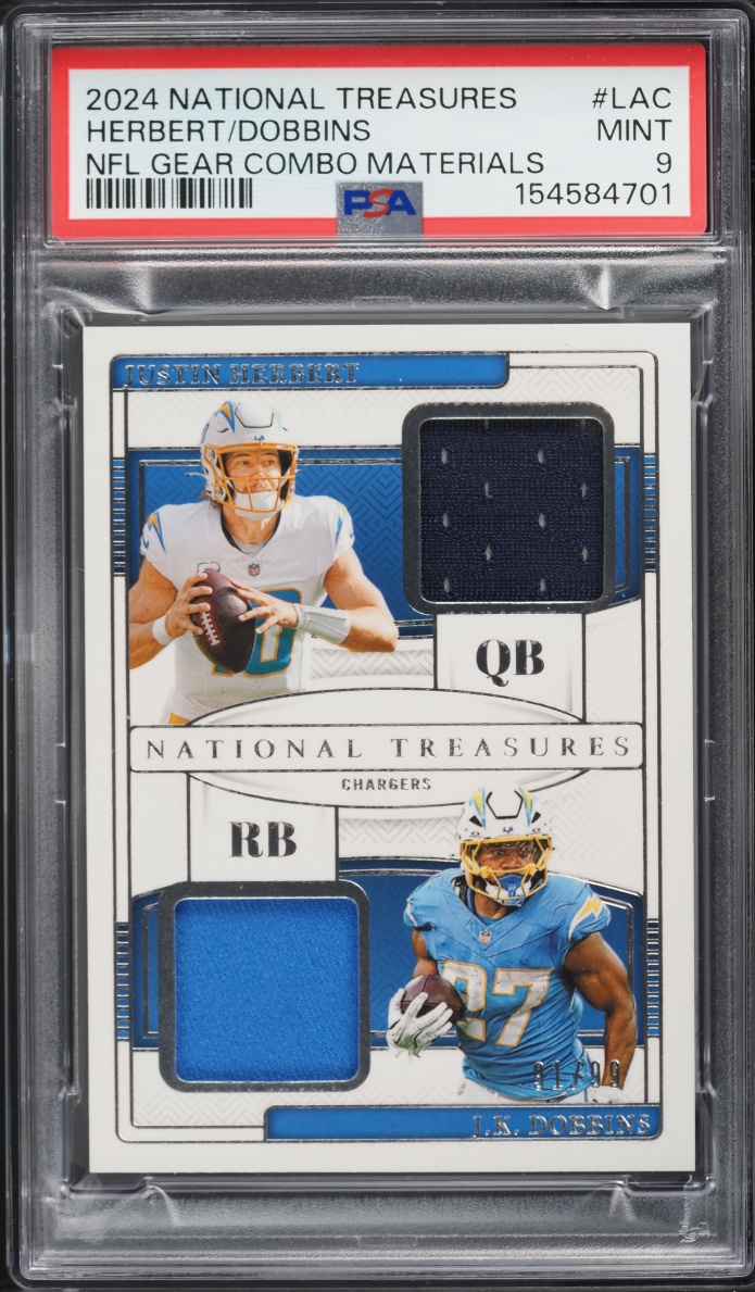 2024 National Treasures NFL Gear Justin Herbert J.K. Dobbins PATCH /99 #NGC-LAC PSA 9 MINT
