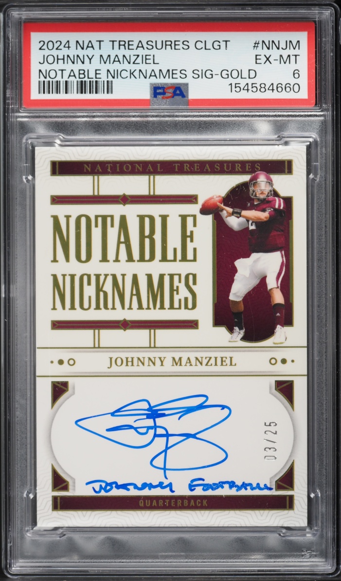 2024 National Treasures Collegiate Notable Nicknames Gold Johnny Manziel ROOKIE AUTO /25 PSA 6