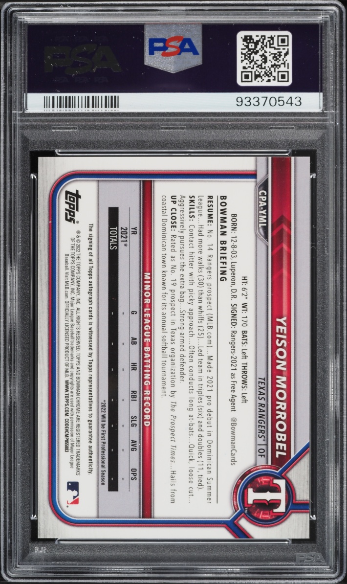 2022 Bowman Chrome Gold Mini Diamond Refractor Yeison Morrobel PROSPECT AUTO /50 PSA 10 GEM