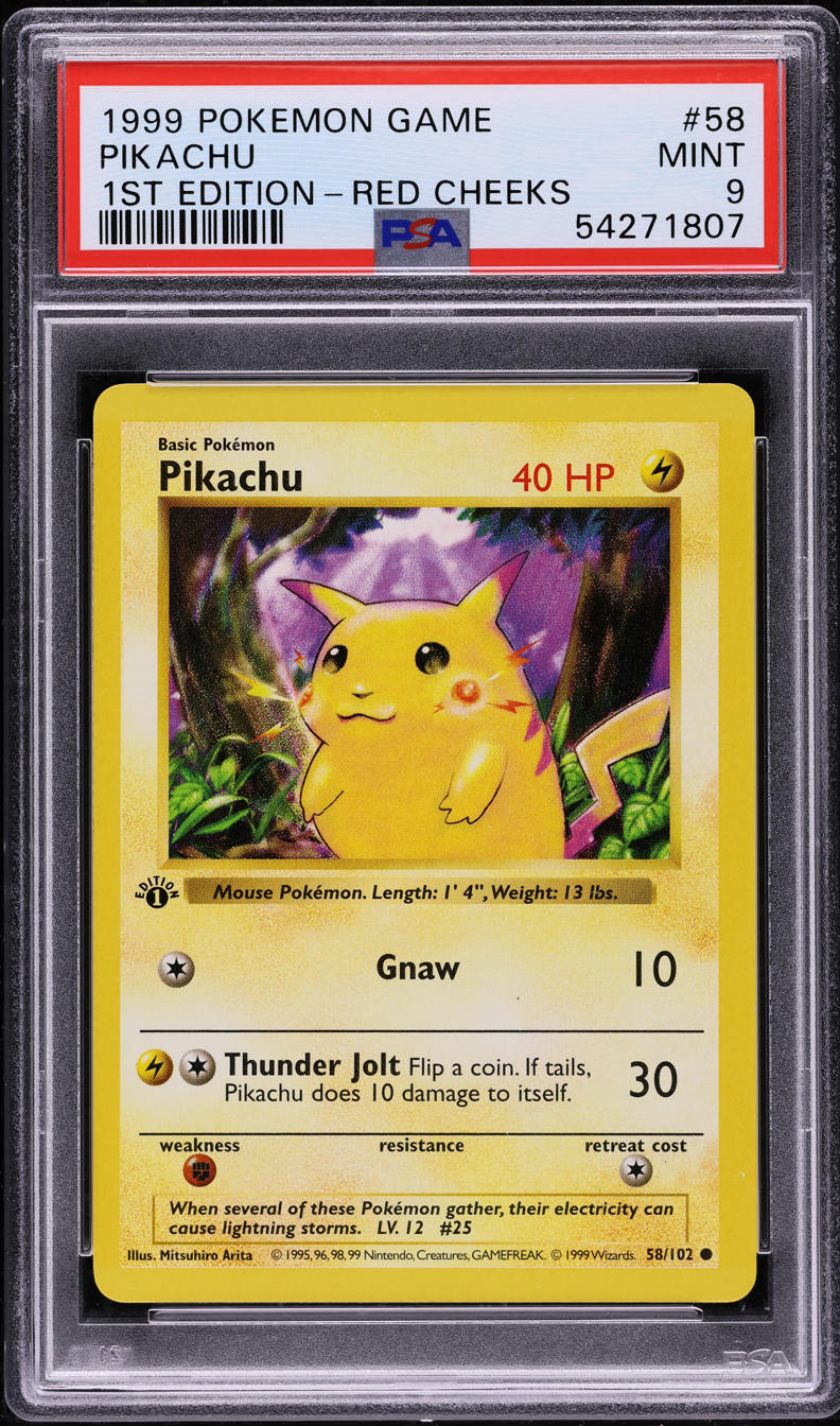 1999 Pokemon Base Set Shadowless 1st Edition Red Cheeks Pikachu #58 PSA 9 MINT