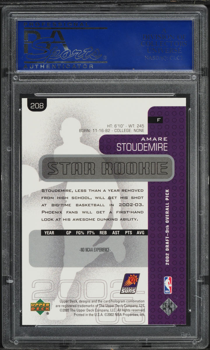 2002 Upper Deck Amare Stoudemire ROOKIE #208 PSA 10 GEM MINT