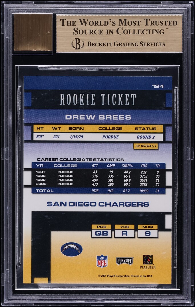 2001 Playoff Contenders Drew Brees ROOKIE AUTO #124 BGS 9.5 GEM MINT
