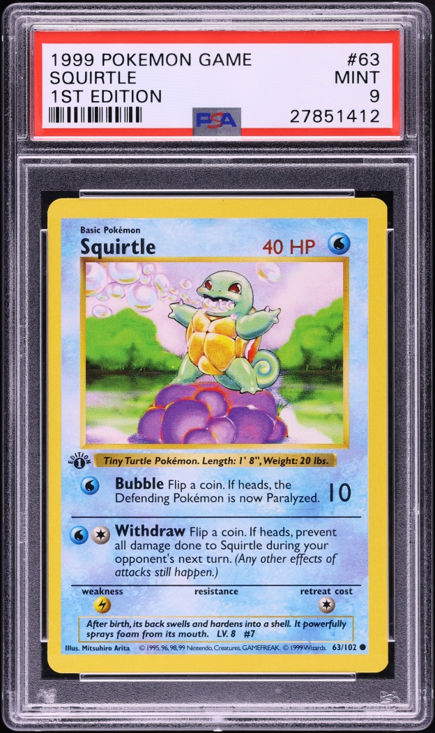 1999 Pokemon Base Set Shadowless 1st Edition Squirtle #63 PSA 9 MINT