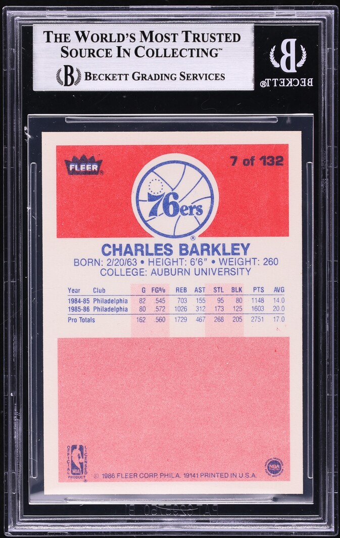 1986 Fleer Basketball Charles Barkley ROOKIE #7 BGS AUTH