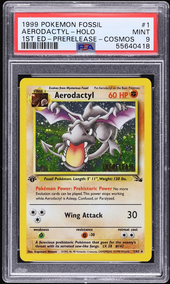 1999 Pokemon Fossil 1st Edition Prerelease Cosmos Holo Aerodactyl #1 PSA 9 MINT
