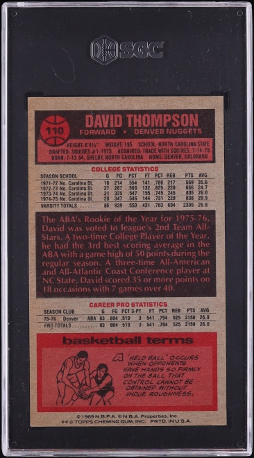 1976 Topps Basketball David Thompson ROOKIE #110 SGC 5.5 EX+
