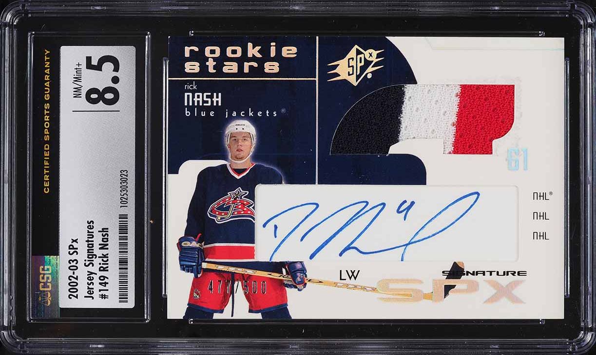 2002 SPx Hockey Rick Nash ROOKIE PATCH AUTO /500 #149 CSG 8.5 NM-MT+