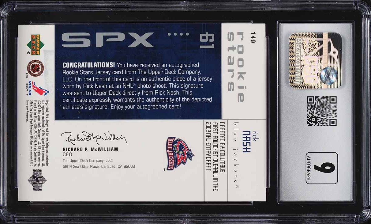 2002 SPx Hockey Rick Nash ROOKIE PATCH AUTO /500 #149 CSG 8.5 NM-MT+