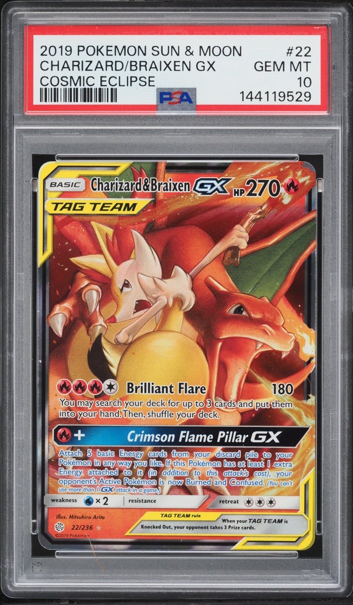 2019 Pokemon Sun & Moon Cosmic Eclipse Holo Charizard & Braixen Gx #22 PSA 10 GEM MINT