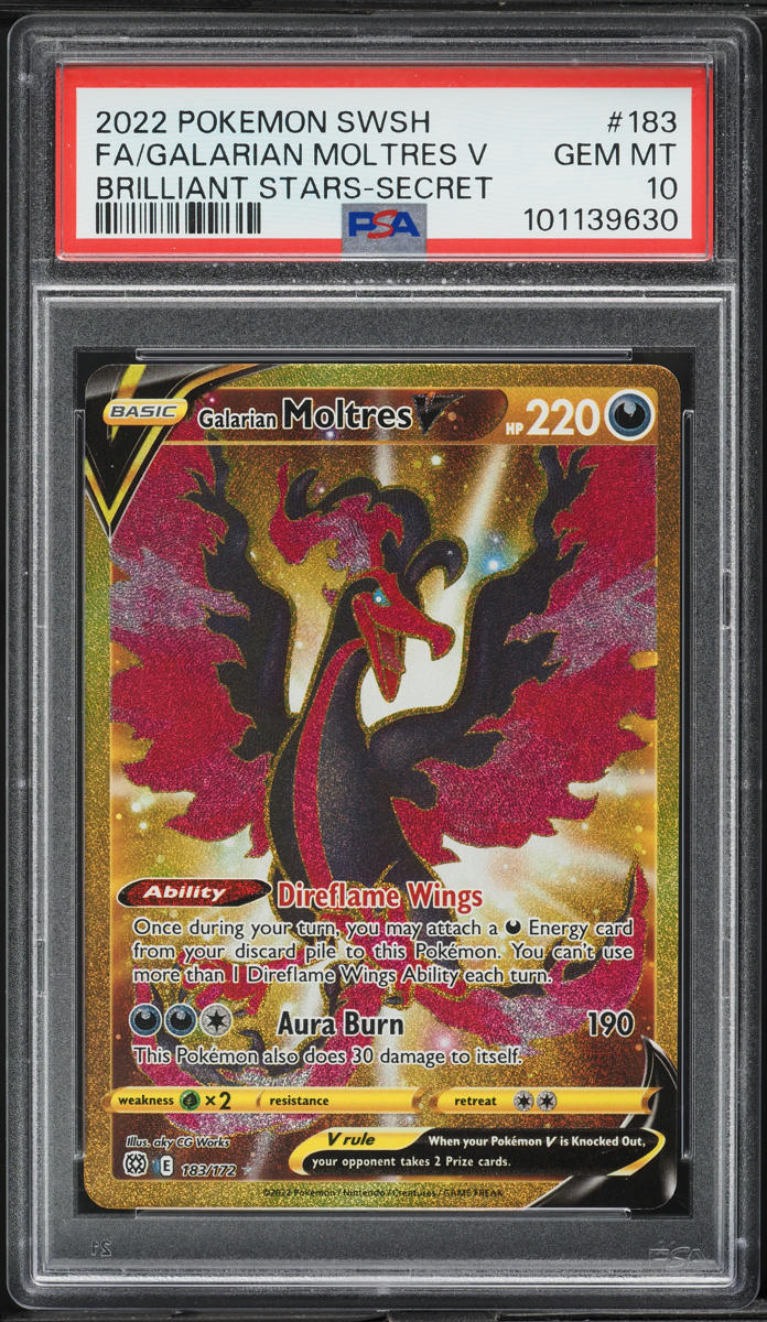 2022 Pokemon SWSH Brilliant Stars Hyper Rare Galarian Moltres V #183 PSA 10 GEM MINT