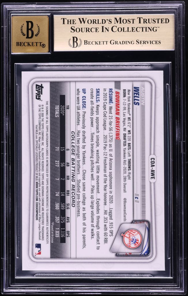 2020 Bowman Chrome Draft Gold Wave Refractor Austin Wells PROSPECT AUTO /50 #CDAAWE BGS 9.5