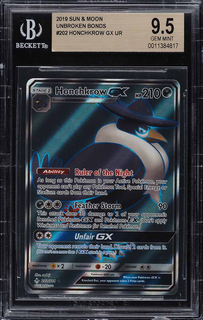 2019 Pokemon Sun and Moon Unbroken Bonds Full Art Honchkrow GX #202 BGS 9.5 GEM