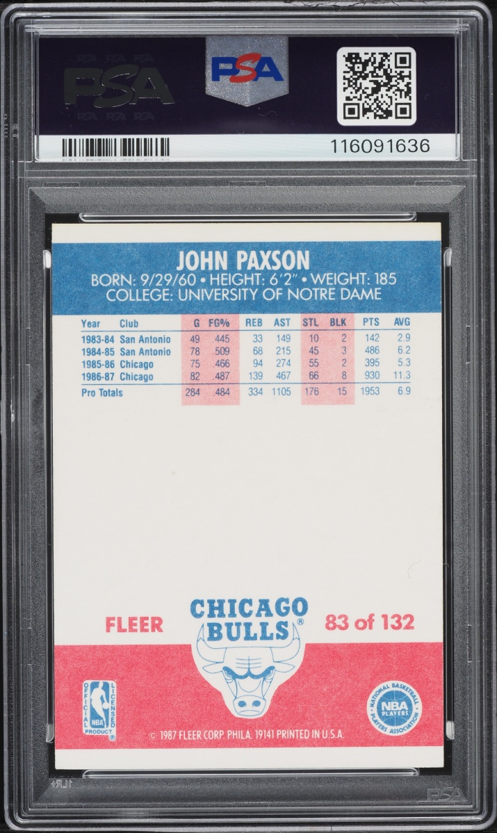 1987 Fleer Basketball John Paxson AUTO DNA 10 #83 PSA 7 NRMT