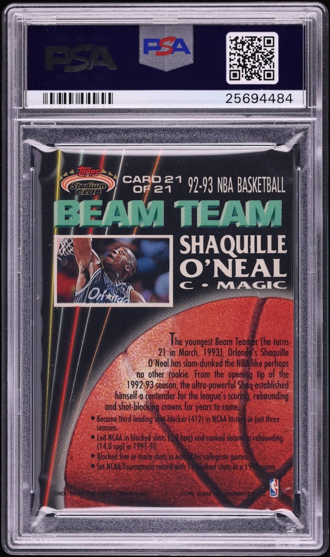1992 Stadium Club Beam Team Shaquille O'Neal ROOKIE #21 PSA 10 GEM MINT