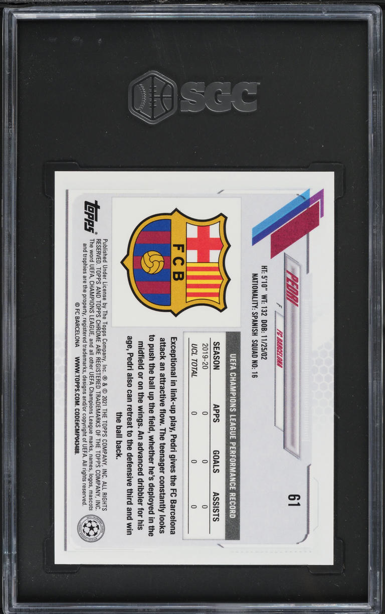 2020 Topps Chrome UEFA Champions League Pedri ROOKIE #61 SGC 9.5 MINT+