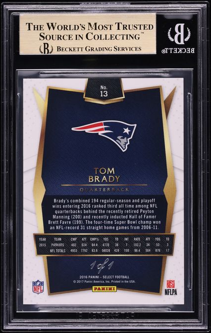 2016 Select Black Prizm Tom Brady 1/1 #13 BGS 9.5 GEM MINT