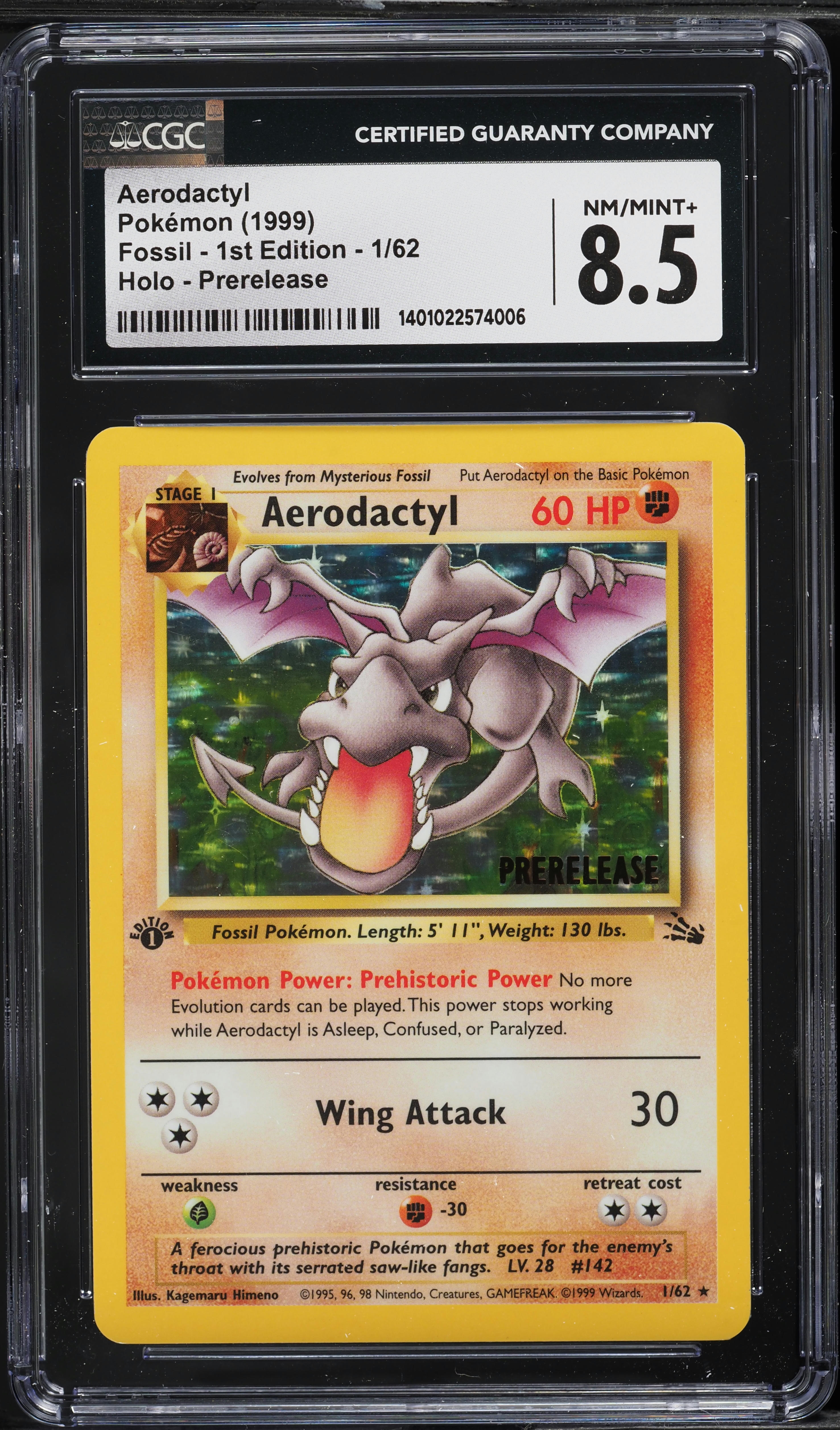 1999 Pokemon Fossil 1st Edition Prerelease Holo Aerodactyl #1 CGC 8.5 NM-MT+