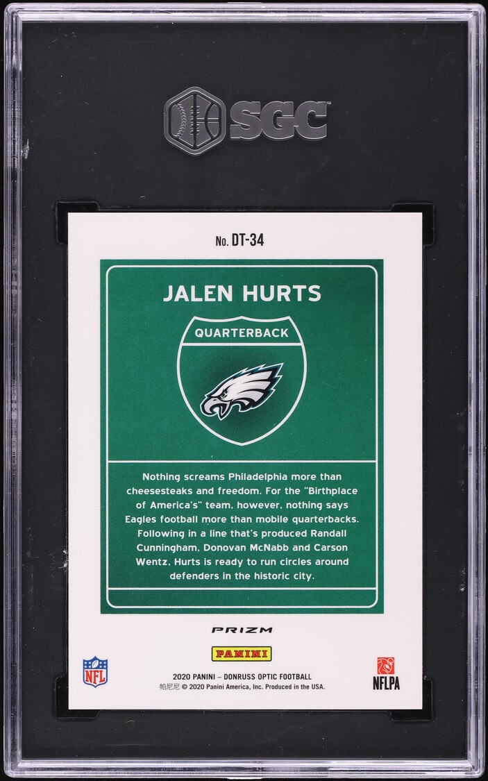 2020 Donruss Optic Downtown Jalen Hurts ROOKIE #DT-34 SGC 9.5 MINT+