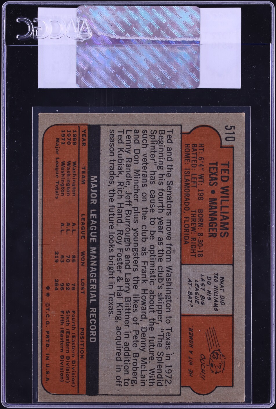 1972 Topps Ted Williams #510 CGC AUTH