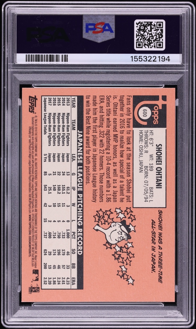 2018 Topps Heritage Shohei Ohtani ROOKIE #600 PSA 10 GEM MINT