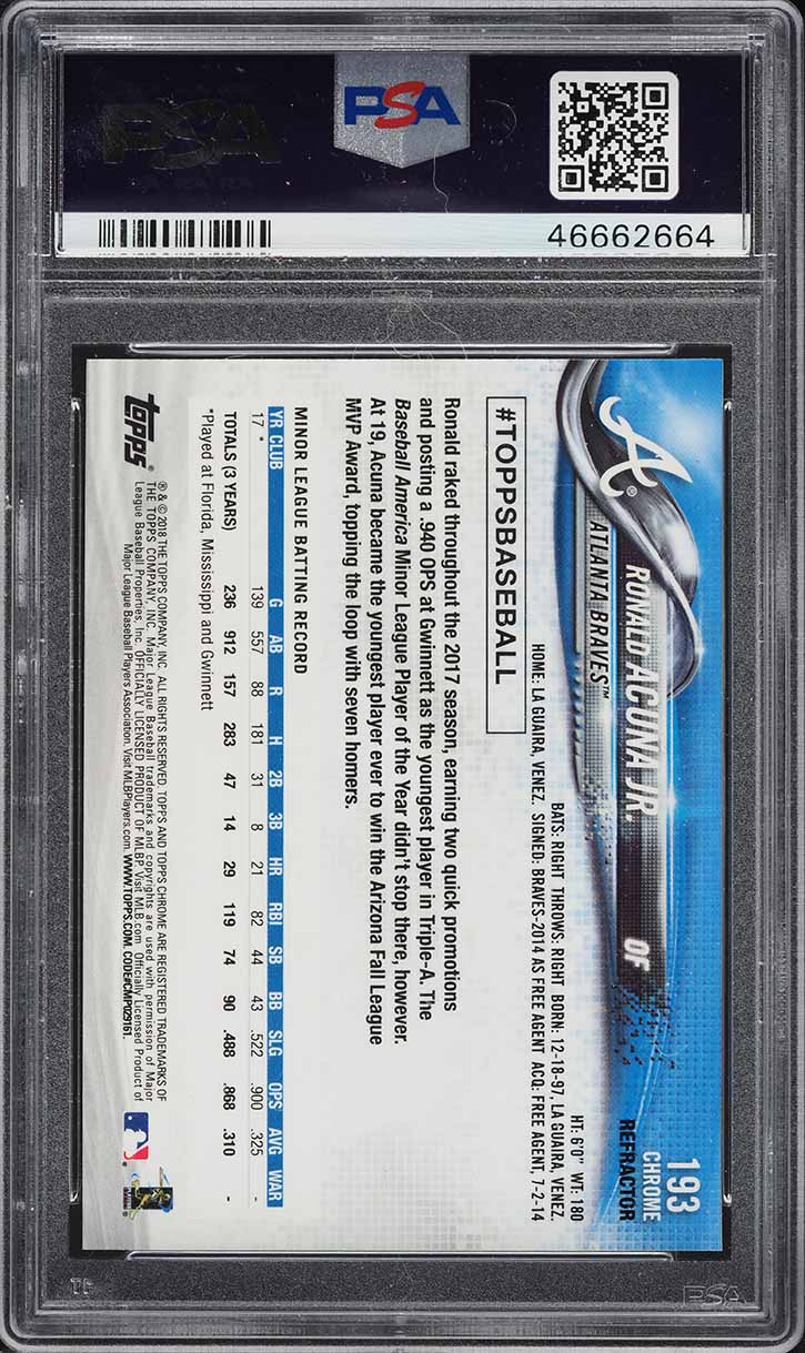 2018 Topps Chrome Refractor Ronald Acuna Jr. ROOKIE #193 PSA 10 GEM MINT