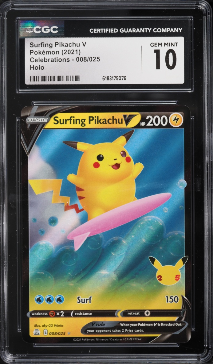 2021 Pokemon Sword & Shield Celebrations Holo Surfing Pikachu V #8 CGC 10 GEM MINT