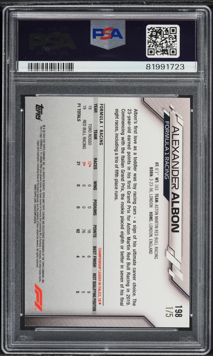 2020 Topps Chrome Formula 1 F1 Red Wave Refractor Alexander Albon RC 1/5 PSA 7