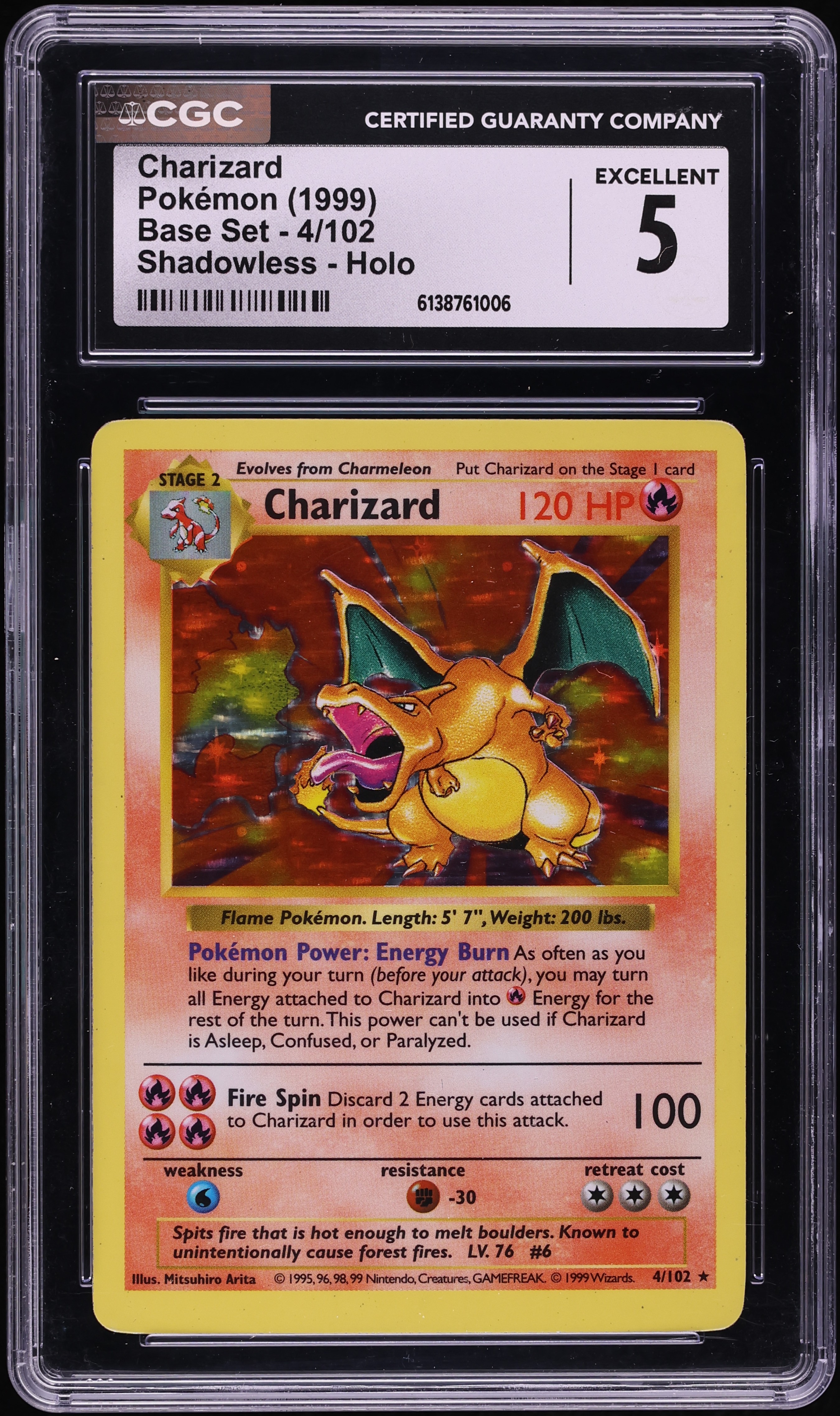 1999 Pokemon Base Set Shadowless Holo Charizard #4 CGC 5 EX