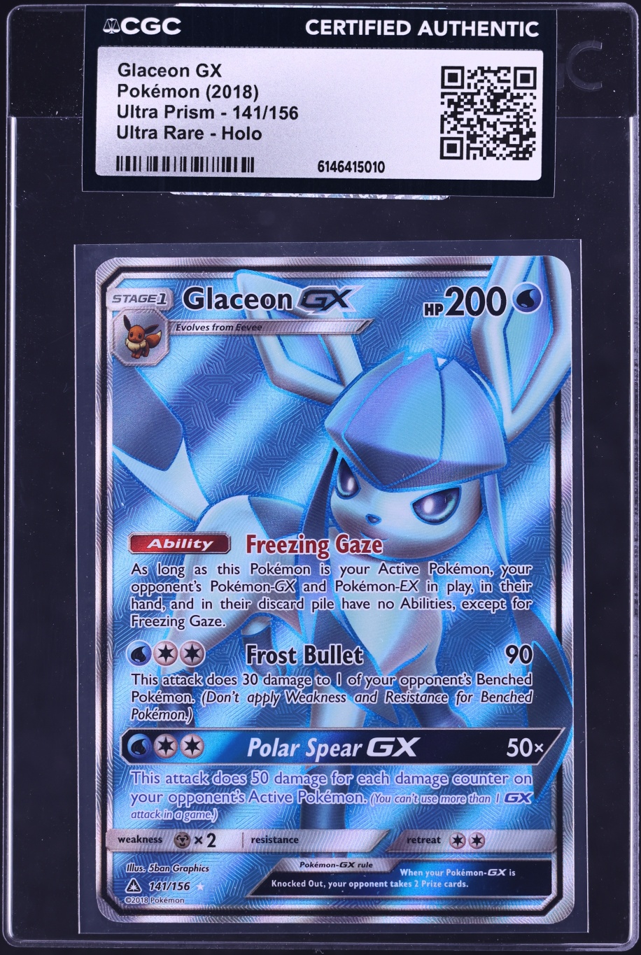 2018 Pokemon Sun & Moon Ultra Prism Full Art Glaceon GX #141 CGC AUTH
