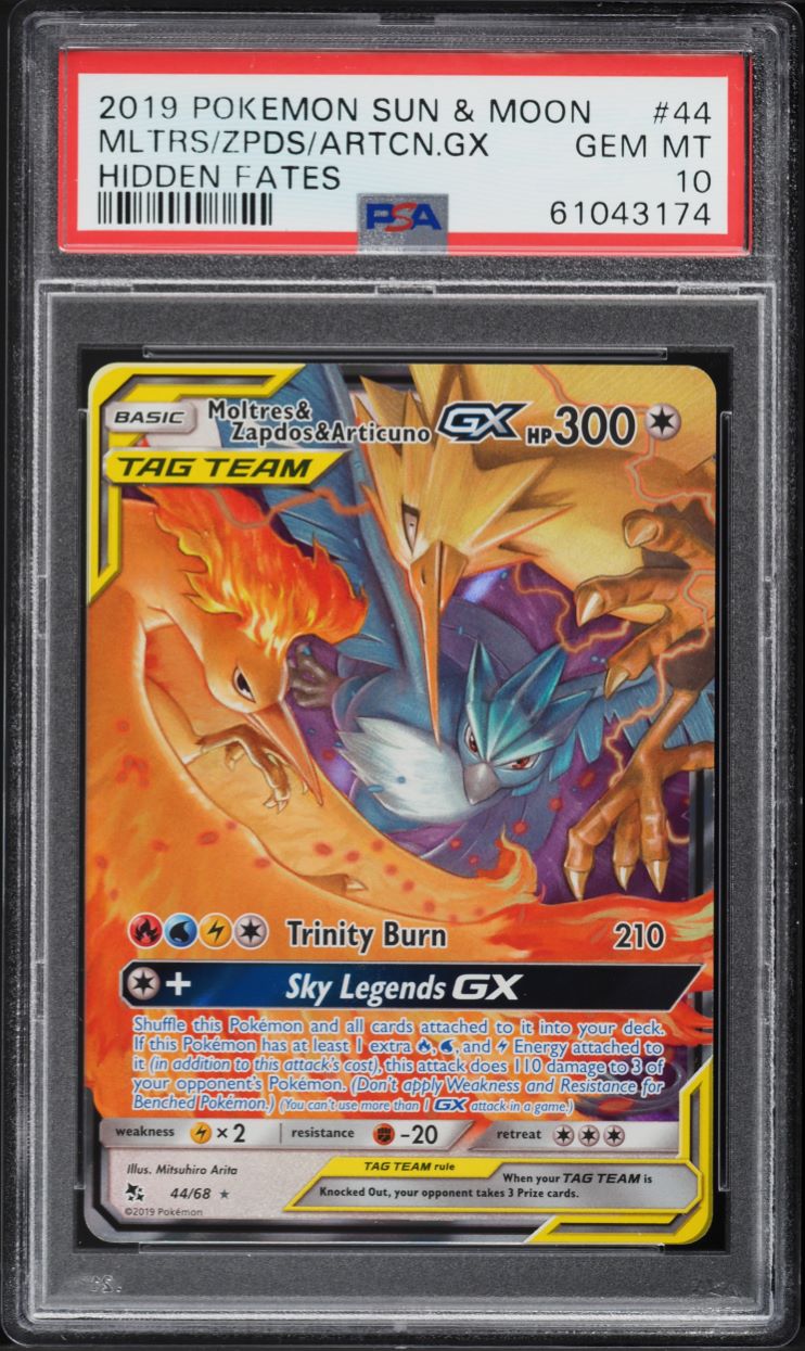 2019 Pokemon Sun & Moon Hidden Fates Moltres Zapdos Articuno GX #44 PSA 10 GEM
