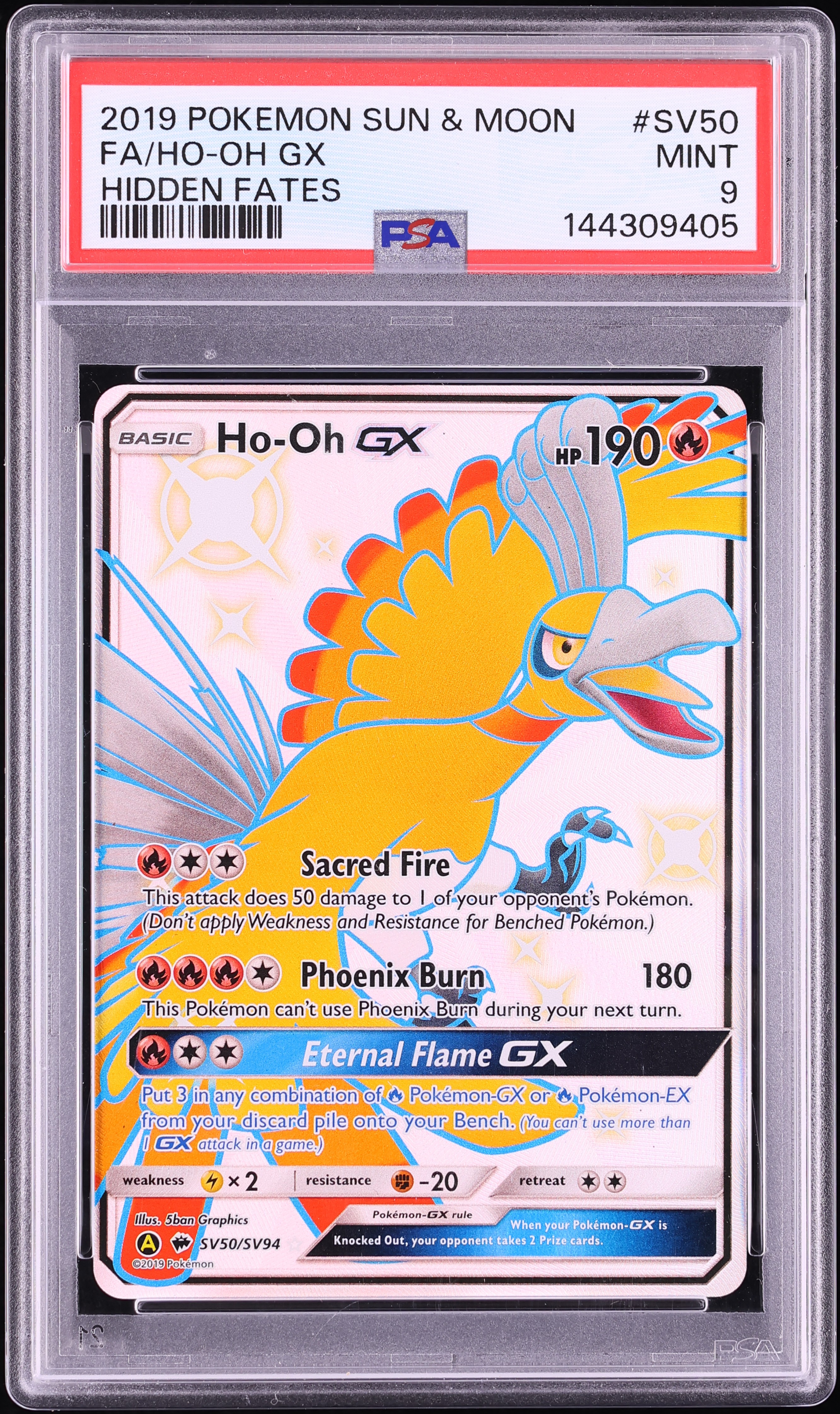 2019 Pokemon Sun & Moon Hidden Fates Full Art Ho-Oh GX #SV50 PSA 9 MINT