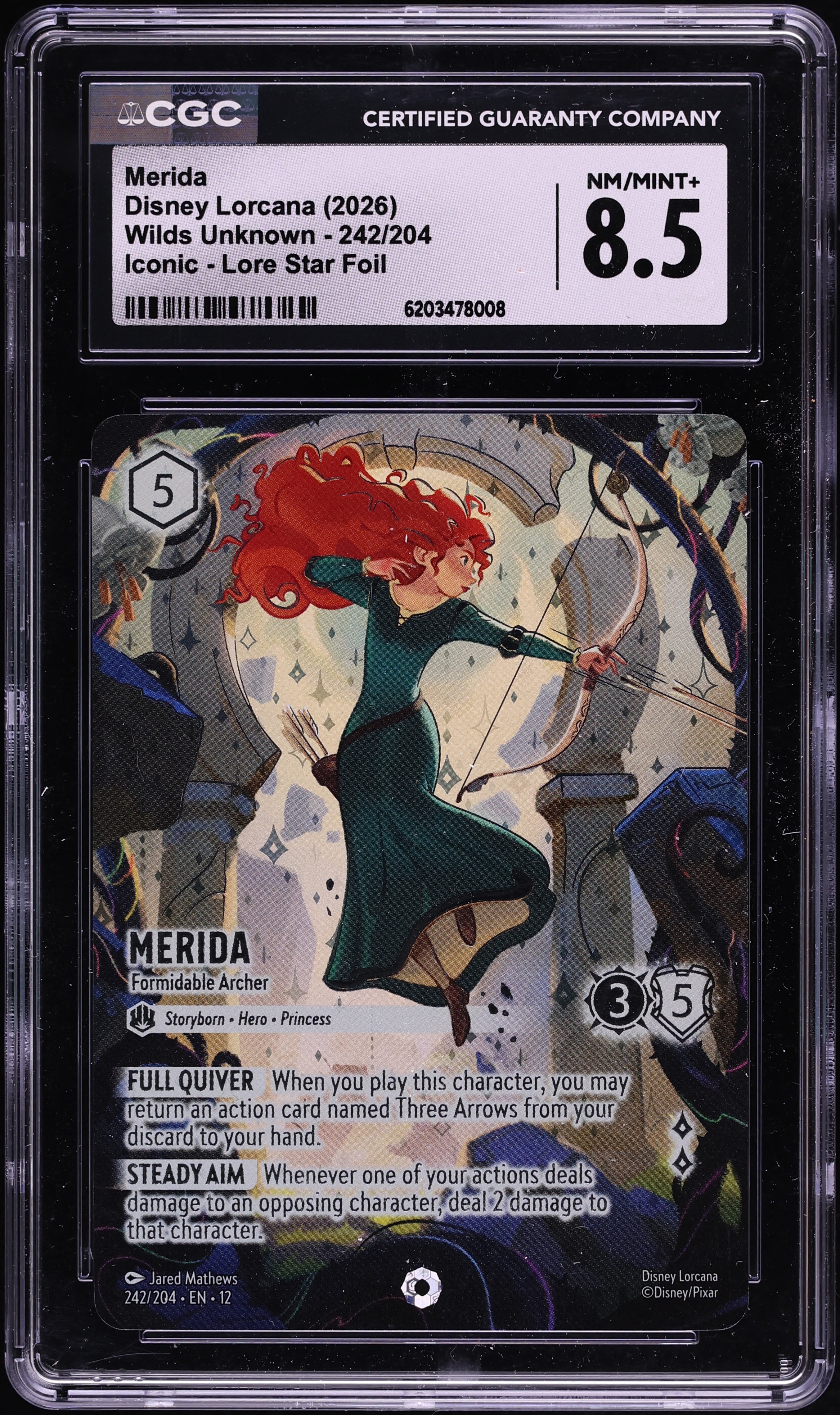 2026 Disney Lorcana Wilds Unknown Lore Star Foil Merida Formidable Archer #242 CGC 8.5 NM-MT+
