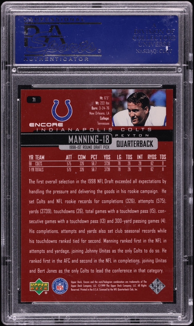 1999 Upper Deck Encore Gold F/X Peyton Manning 1/1 #71 PSA 10 GEM MINT - Photo 2