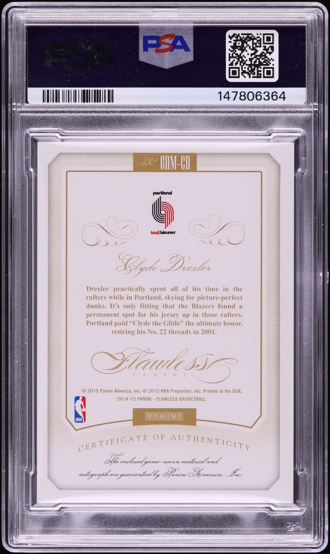 2014 Panini Flawless Greats Memorabilia Greats Clyde Drexler PATCH AUTO DNA 10 /25 #GDMCD PSA 7 - Photo 2