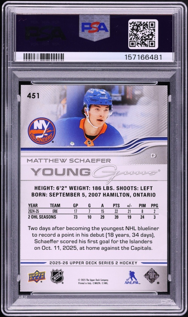 2025 Upper Deck Young Guns Matthew Schaefer ROOKIE #451 PSA 10 GEM MINT