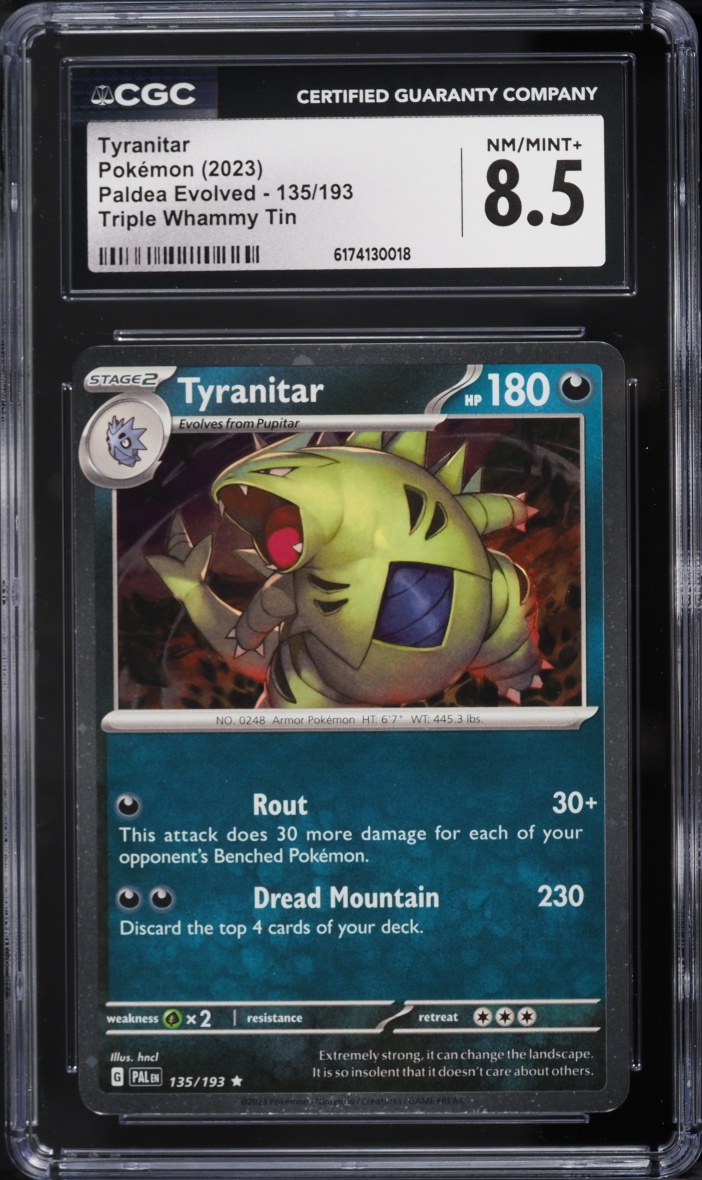 2023 Pokemon SV Paldea Evolved Triple Whammy Tin Cosmos Holo Tyranitar #135 CGC 8.5 NM-MT+