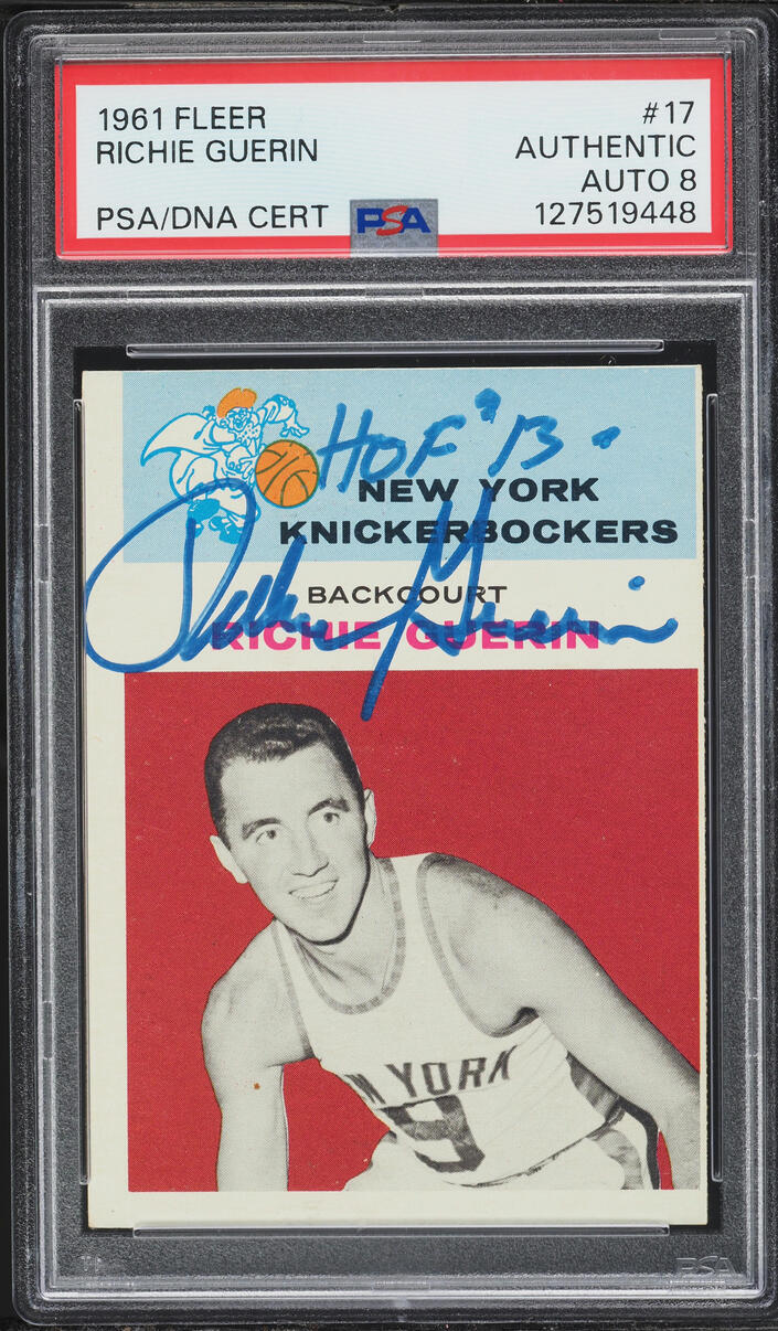 1961 Fleer Basketball Richie Guerin ROOKIE AUTO DNA 8 #17 PSA AUTH