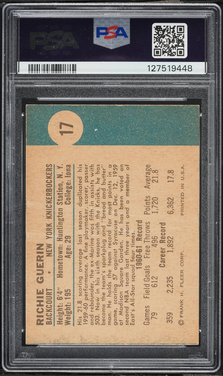 1961 Fleer Basketball Richie Guerin ROOKIE AUTO DNA 8 #17 PSA AUTH