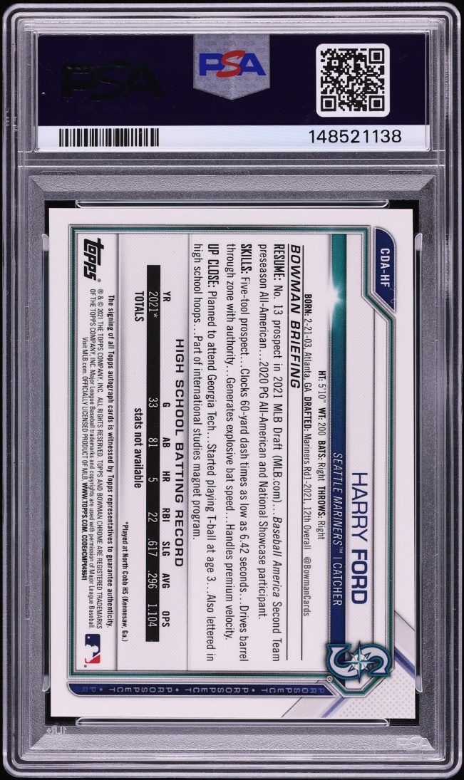 2021 Bowman Chrome Draft Pick Black Refractor Harry Ford PROSPECT AUTO /75 #CDA-HF PSA 8 NM-MT