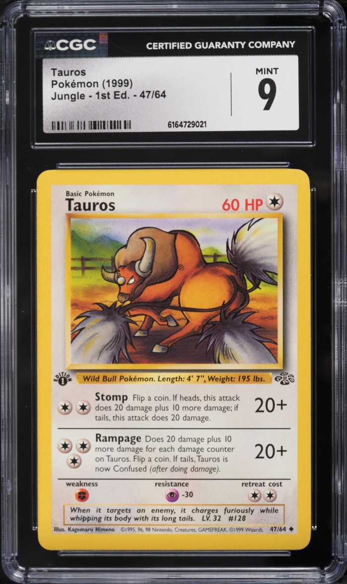 1999 Pokemon Jungle 1st Edition Tauros #47 CGC 9 Mint