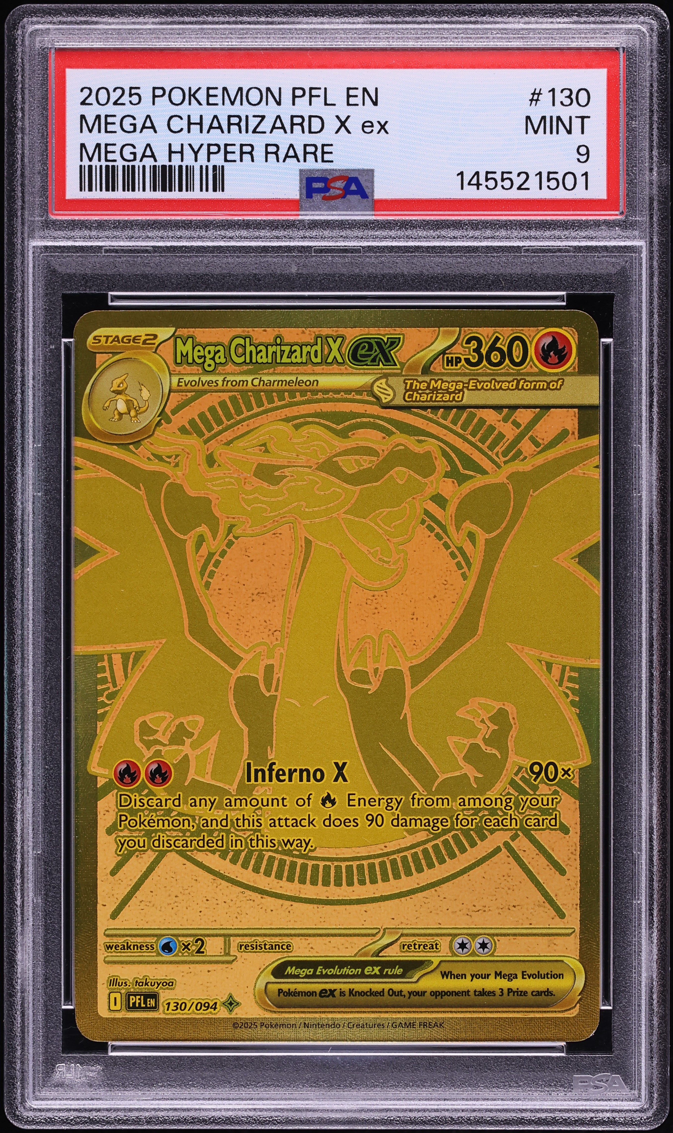 2025 Pokemon Mega Evolution Phantasmal Flames Gold Rare Mega Charizard X Ex #130 PSA 9 MINT