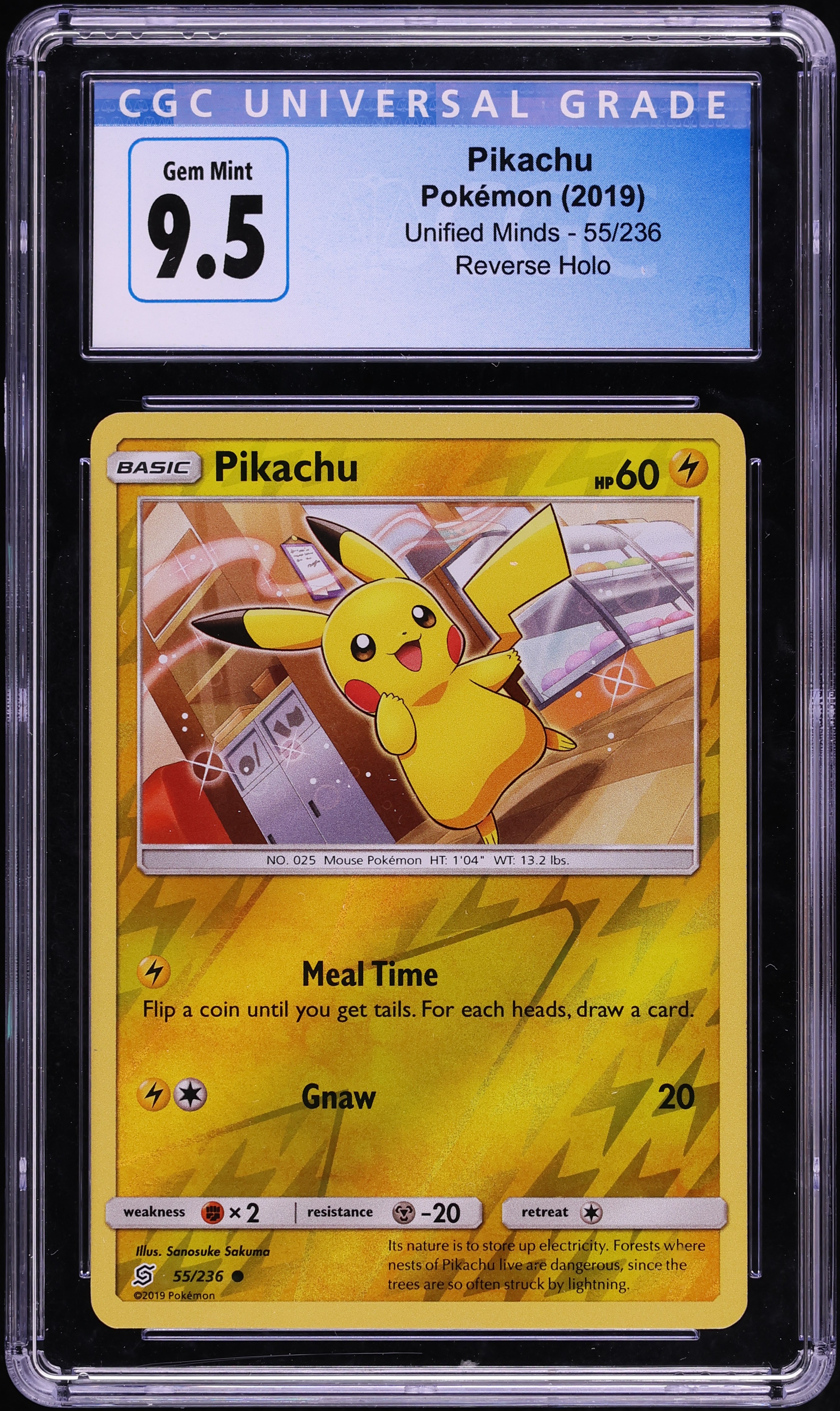 2019 Pokemon Sun & Moon Unified Minds Reverse Holo Pikachu #55 CGC 9.5 GEM MINT