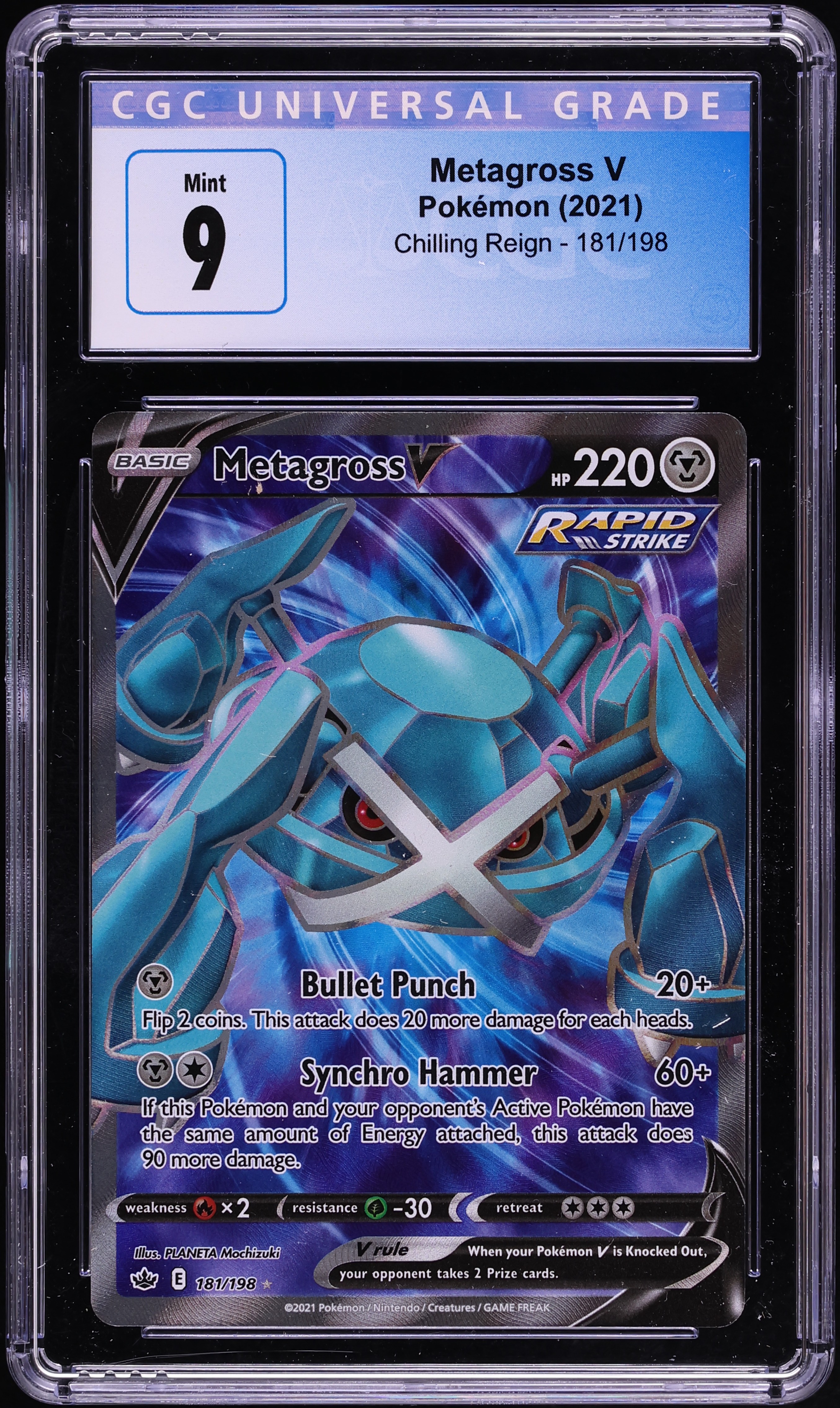 2021 Pokemon Sword & Shield Chilling Reign Full Art Metagross V #181 CGC 9 MINT