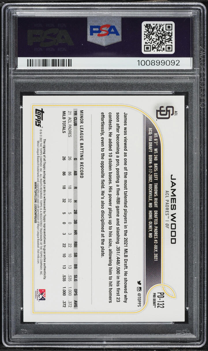 2022 Topps Pro Debut James Wood PROSPECT AUTO #PD-132 PSA 10 GEM MINT