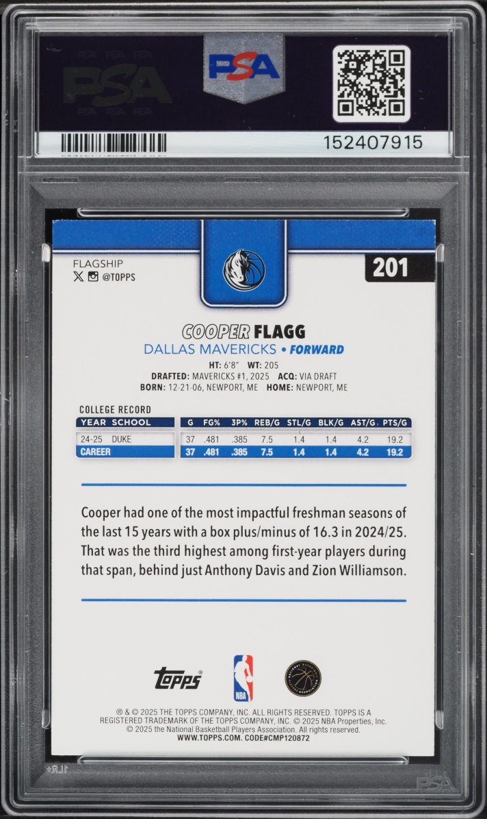 2025 Topps Basketball Cooper Flagg ROOKIE #201 PSA 8 NM-MT