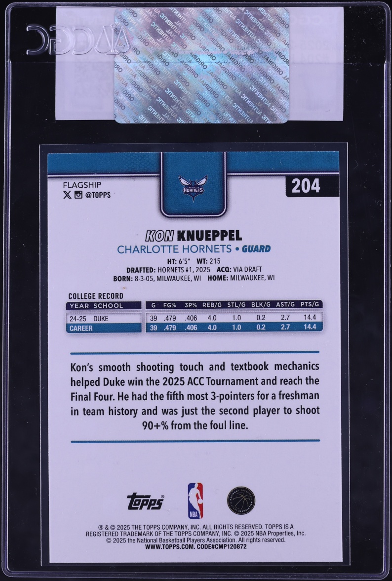 2025 Topps Basketball Kon Knueppel ROOKIE #204 CGC AUTH