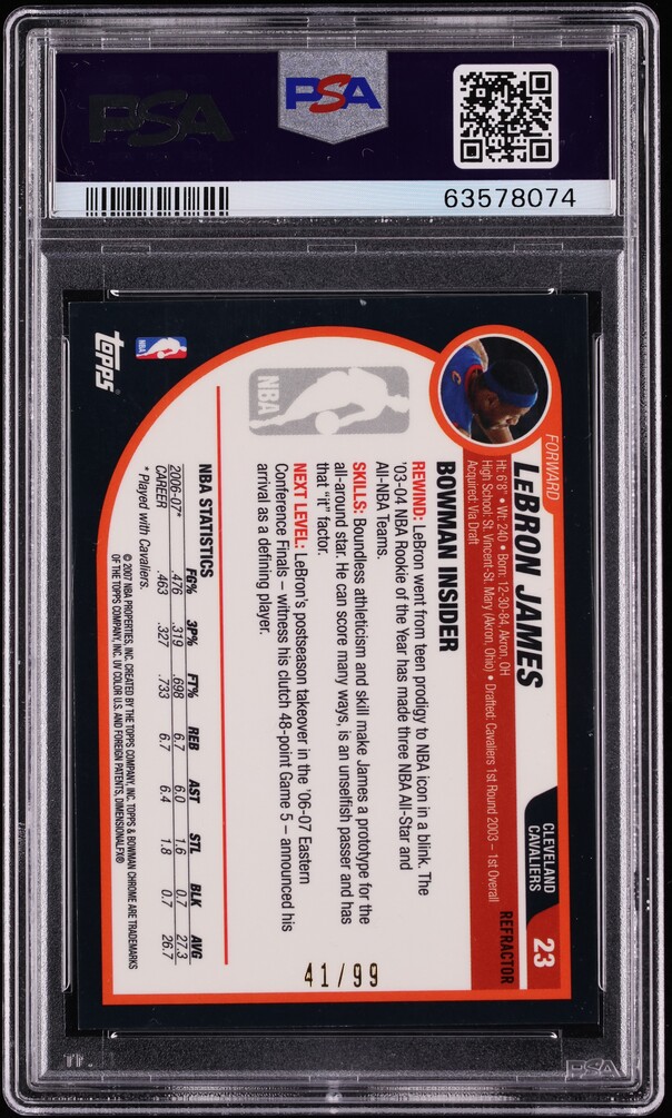 2007 Bowman Chrome Gold Refractor LeBron James /99 #23 PSA 10 GEM MINT