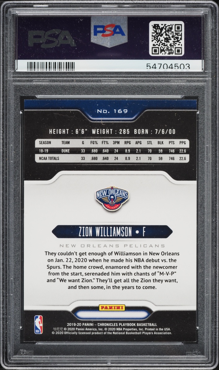 2019 Panini Chronicles Playbook Zion Williamson ROOKIE #169 PSA 8 NM-MT