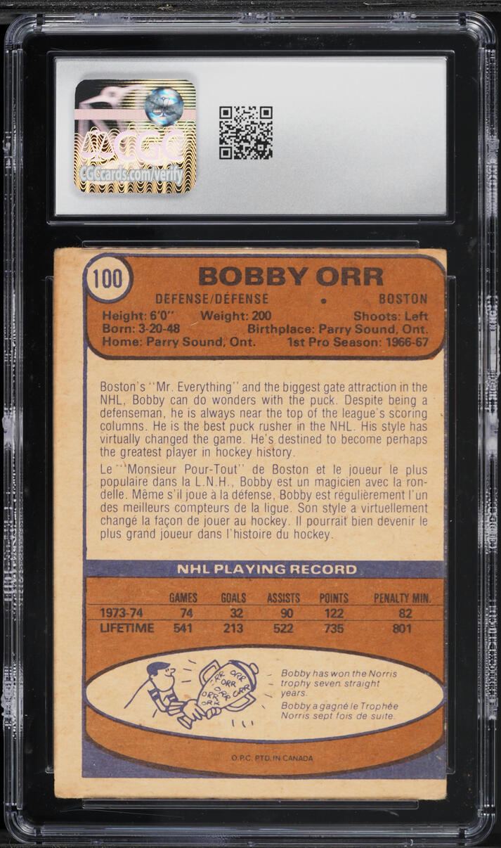 1974 O-Pee-Chee Hockey Bobby Orr #100 CGC 3.5 VG+